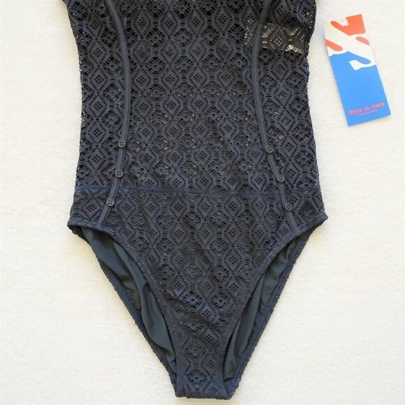 Sun & Sea One Piece Swim Suit Women's Size 14 Gray Lace - Picture 3 of 11